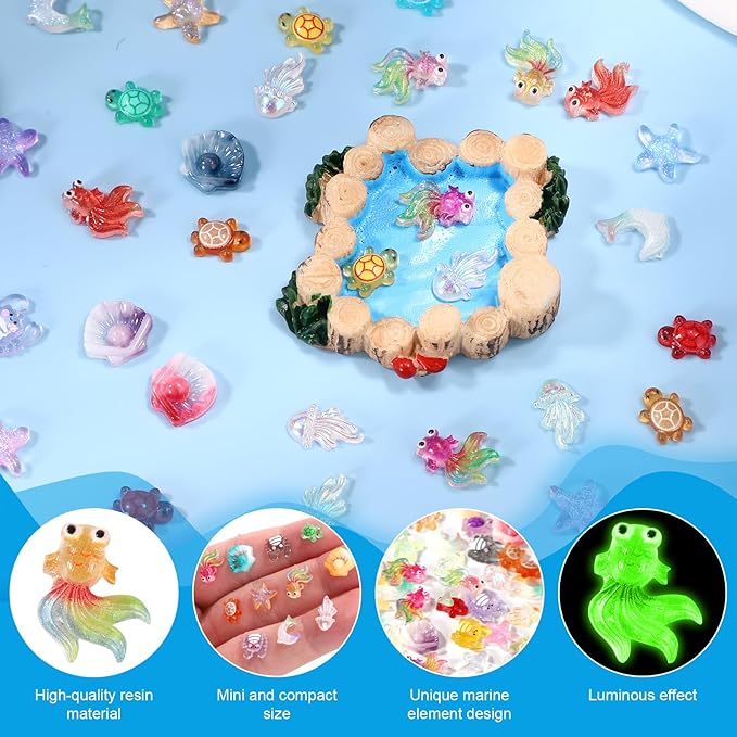 210pcs Mini Resin Animals, Miniature Ocean Figurines Glow in The Dark Small Sea Turtles Fishes Jellyfishes Tiny Crabs Starfishes Seashells Dolphins Statue for Dollhouse Aquarium Decorations
