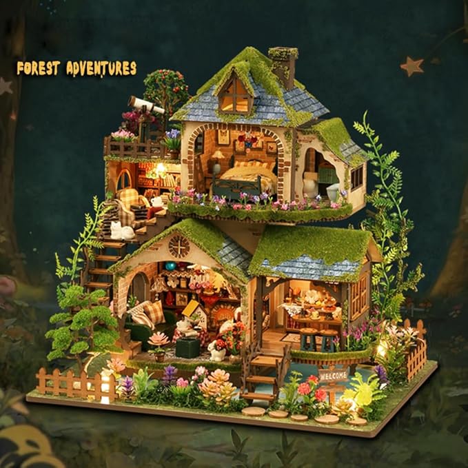 Yuzhen DIY Miniature Dollhouse with Furniture and LED Lights, Wooden Dollhouse Includes Dustcover and Music Movement