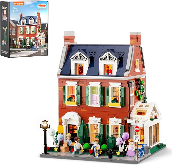 LUMIBRICKS Redbrick Row House Lighting Building Bricks Set - City Town LED Light Modular Construction Model Collection Display Kit with Minifigures 2663 Pcs for Adults & Teens