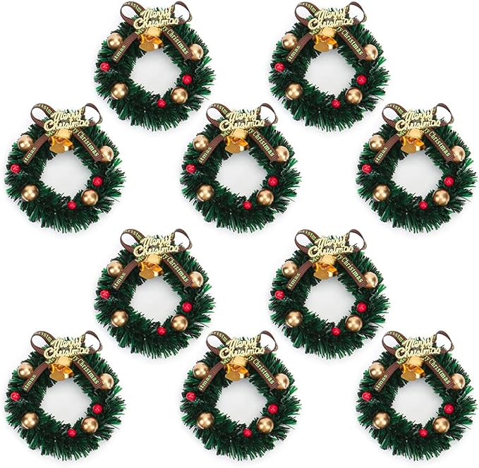 10 Pieces Mini Artificial Christmas Wreaths Ornaments, Dollhouse Miniature Christmas Wreath Doll House Mini Xmas Wreath for Dollhouse Door Windows Christmas Tree Decoration (Gold Bell)