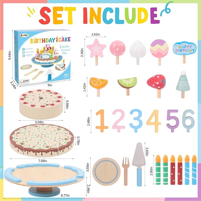 HAPGFS Wooden Birthday Cake Toy Set for Kids, Realistic Birthday Cake with Candles and Fruits for Pretend Play, Wooden Toys Educational Play Food for Birthday Parties and First Birthday Gifts for Kids