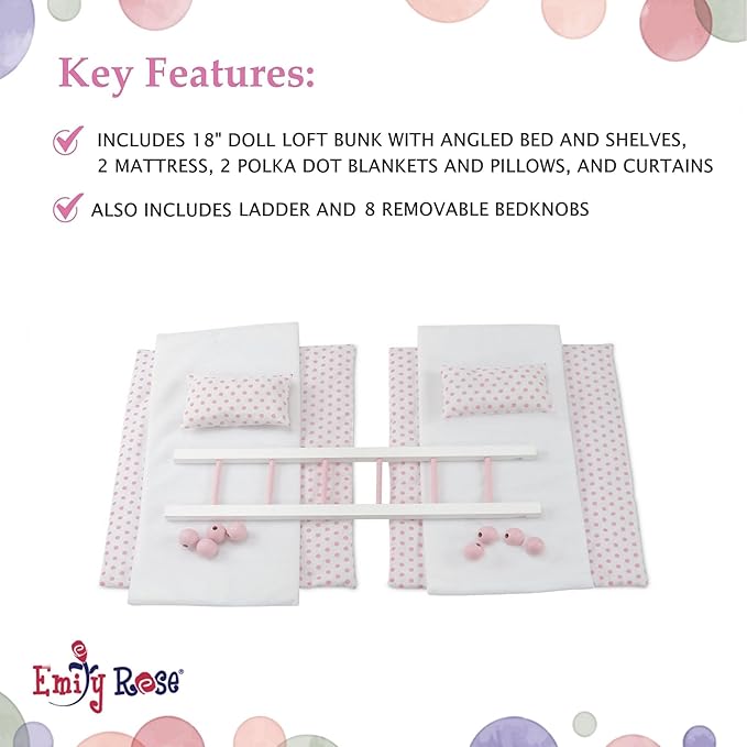 Emily Rose 18 Inch Doll Pink Loft Bunk Bed with Storage Shelves, Bins, and Ladder - Wooden Dollhouse Furniture with 2 Bedding Sets - Compatible with American Girl, Our Generation & My Life As Dolls