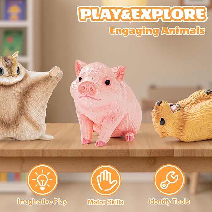 6PCS Animal Toys for Toddlers, Sensory Toys Cute Farm Animal Figures Pocket Pets Toys for Kids Includes Dog, Rabbit, Hamster, Pig Figurines Cake Toppers Birthday Gifts for Preschool Kids