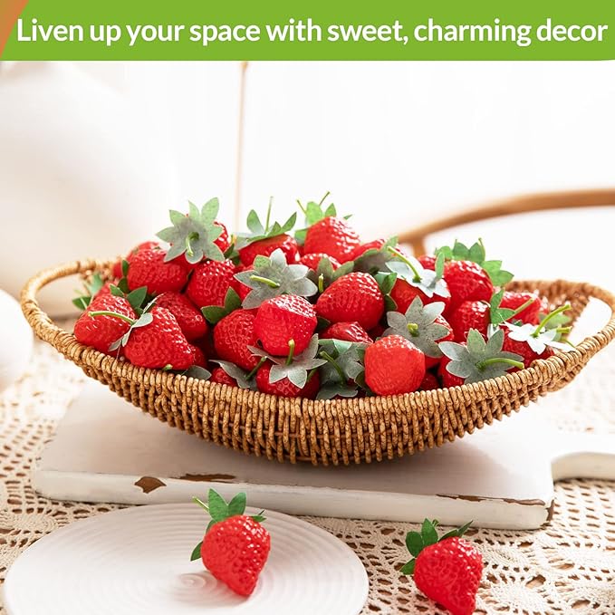 100 Pieces Fake Strawberries Fake Fruit Artificial Strawberry Kitchen Décor Plastic Strawberry Party Decorations Realistic Fake Food Lifelike for Display Photography Props