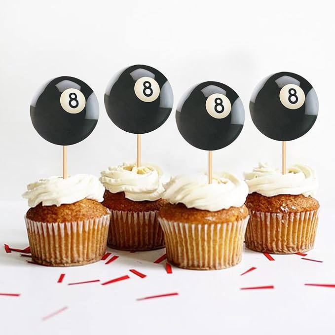 Ercadio 24 Pack Double Sided Pool Ball Cupcake Toppers Sports Cupcake Picks Birthday Cake Decorations Baby Shower Sports Theme Party Cake Decorations