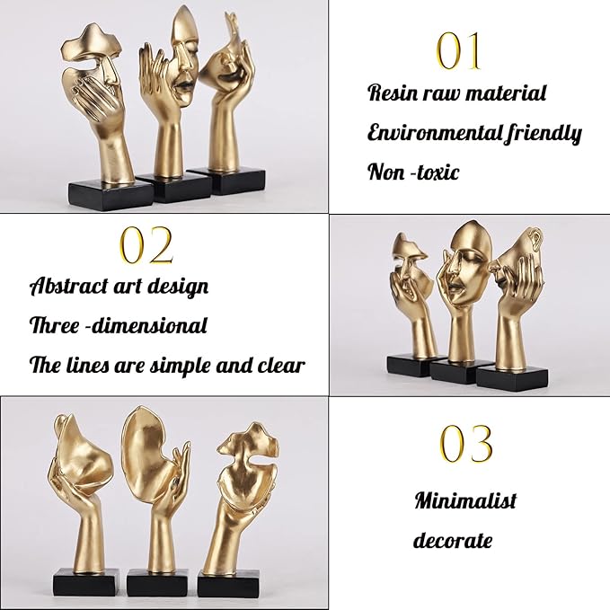 oliruim 3 Pcs Thinker Small Statue Set - Black Gold Home Decor Abstract Art Figurines for Shelves, Living Room Coffee Table, Office Desktop (3 Pcs Gold, 6")