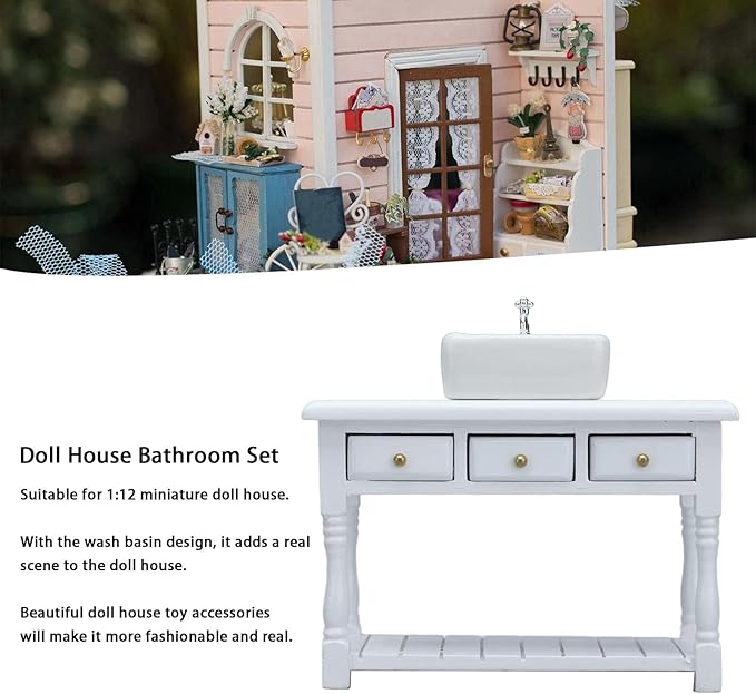 Dollhouse Furniture, White Miniature Educational Doll House Bathroom Set for 1:12 Miniature Doll House