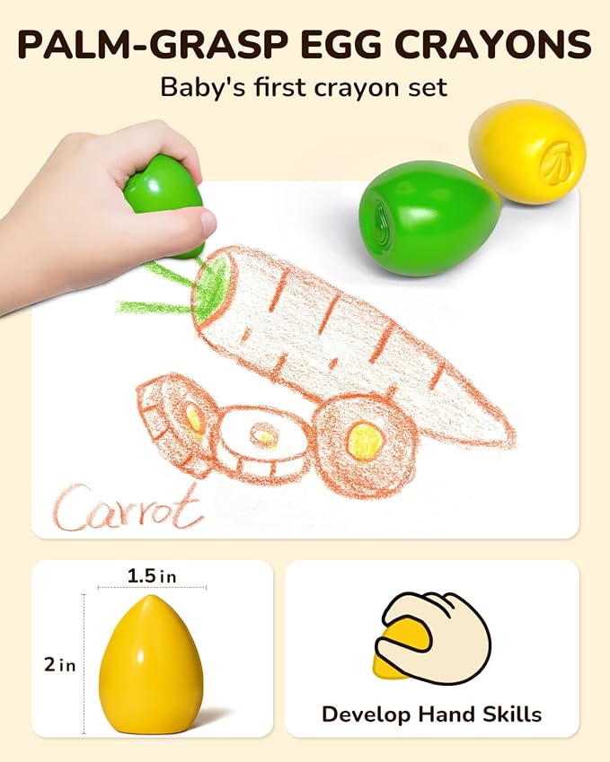JUPITEARTH 12 Colors Egg Crayons for Toddlers 1-3, Palm-Grasp Non Toxic Jumbo Washable Crayons for Kids, Fat Brain Toys for Preschool Art Supplies and Perfect Easter Gifts for Boys and Girls