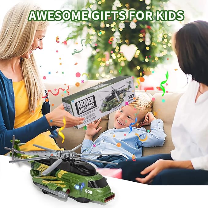 Helicopter Toy for Kids 3-5 6 7, Army Military Toy Helicopters with Lights and Music for Toddlers Birthday Easter Gifts, Bump and Go Airplane Toys for Boys Girls 3 4 5 6 7 Years Olds