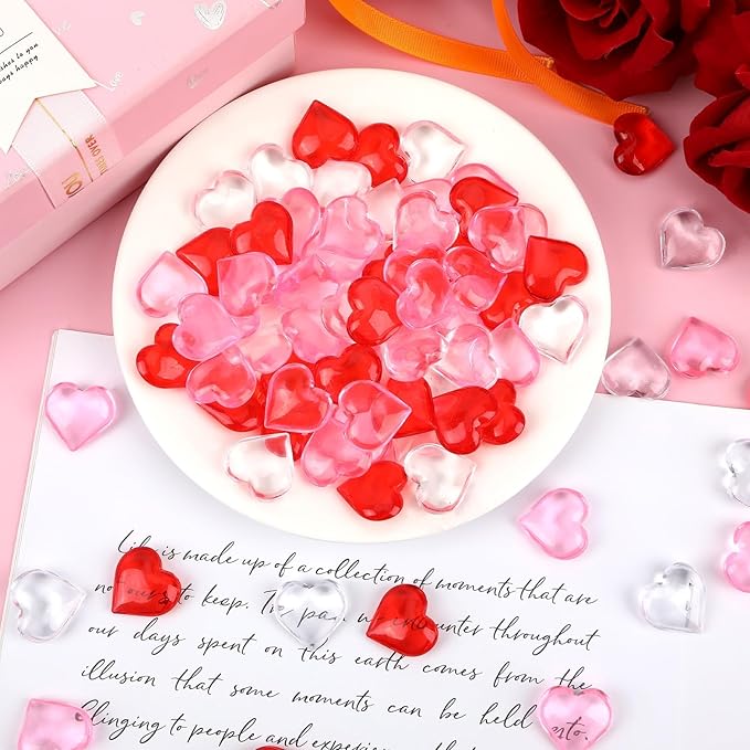 JUNEBRUSHS 120 Pcs Acrylic Red Pink Heart, Valentines Day Decorations Hearts Ornaments Red Pink Heart Shaped Gems Vase Filler for Valentine's Day Wedding Home Table Decor
