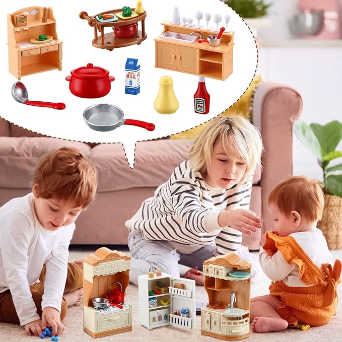 43 Pcs Dollhouse Furniture Kitchen Play Set Miniature Refrigerator with Mini Food Pots and Pans Set Pretend Kitchen Accessories Toys