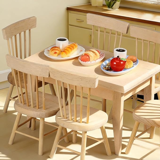 1 Set Doll Furniture Miniature Furniture Decorative 1/12 Scale Miniature Table Chair Set for Dollhouse Kitchen Food Decoration Accessories (As Shown B)