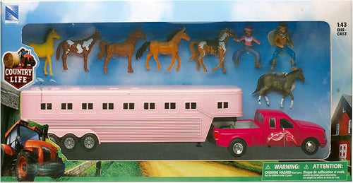 1:32 Scale Pink Pick Up Fifth Wheel Horse Trailer Set
