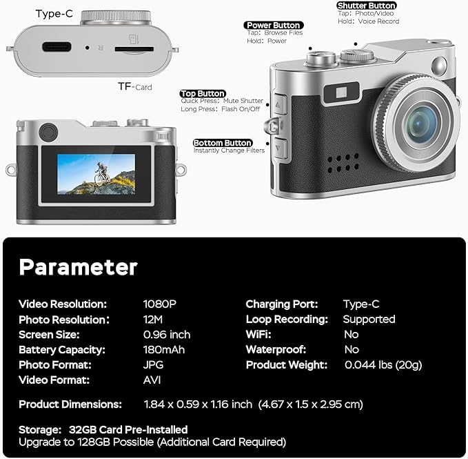 Mini Digital Camera, 1080P HD Tiny Retro Keychain Camera with 32GB Card, 0.96" Screen & OTG Adapter, Vintage Compact Micro Pocket Camera for Travel, Concert, Study Recording, Black