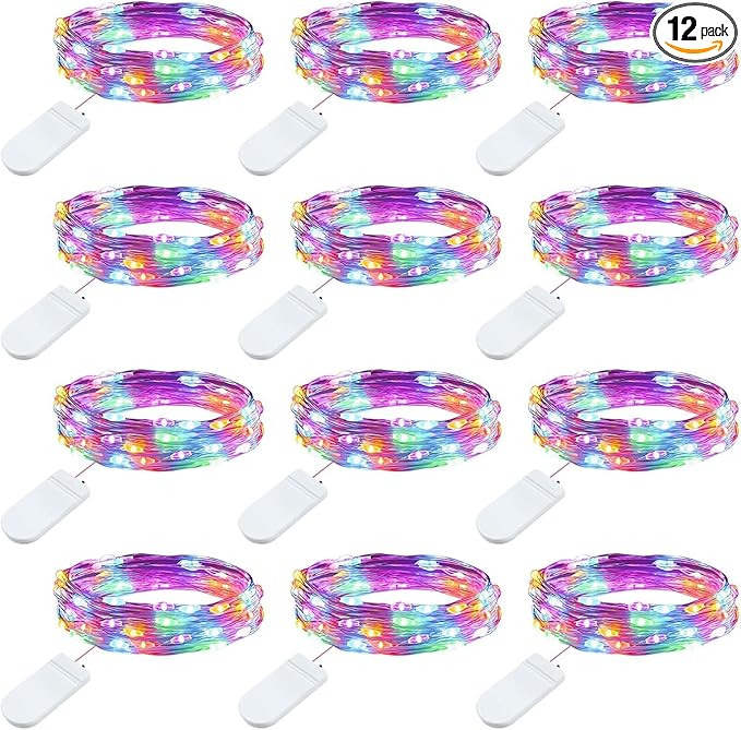 Brightown 12 Pack Multi-Color Fairy Lights Battery Operated - 7ft 20 LED Waterproof Micro Firefly Lights for Christmas Decor, DIY Craft, Wedding Table Centerpieces, Flowers