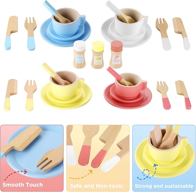 GAGAKU Wooden Play Dishes and Plates for Kids Kitchen Set 27 PCS Montessori Wood Play Kitchen Accessories Kitchen Toy for Toddlers Wooden Play Cooking Set for 3-8 Years Girls and Boys