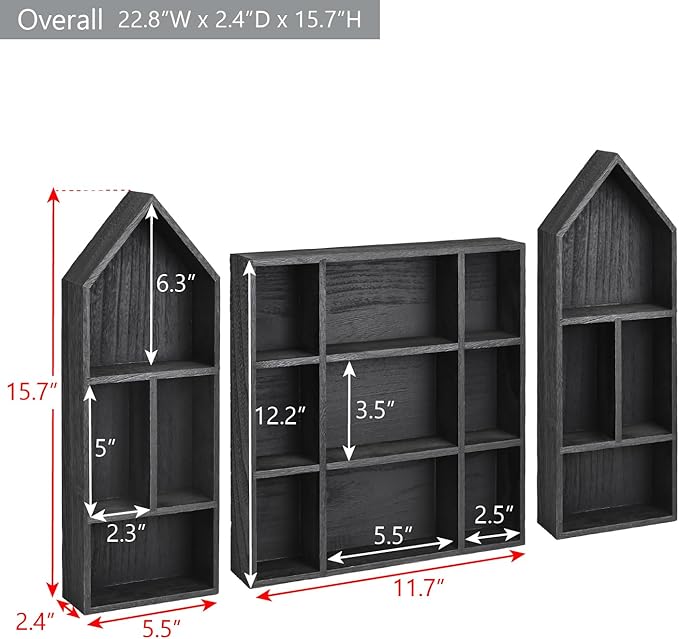 Ikee Design 3 Pcs Set Wooden Shadow Cubby Box Display Shelf Organizer Storage Shadow Box for Collectibles, Mini Figures, 17 compartments, Black Color, 22.8W x 2.4D x 15.7H in