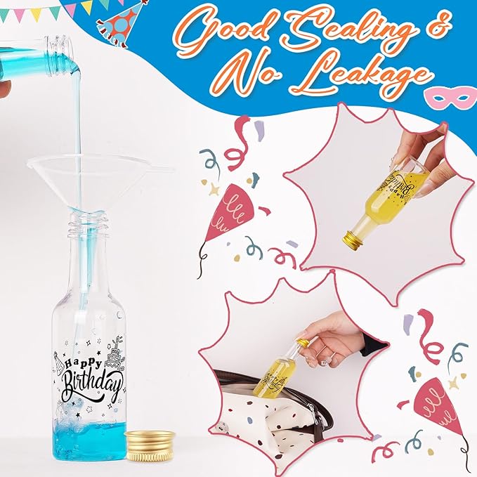 OurWarm 50 Pack Happy Birthday Mini Liquor Bottles, 1.7oz/50ml Empty Plastic Shot Bottles with Gold Screw Caps Funnels Tags & Twines for Juice Wine Alcohol Juicing Ginger Shots Birthday Party Favors