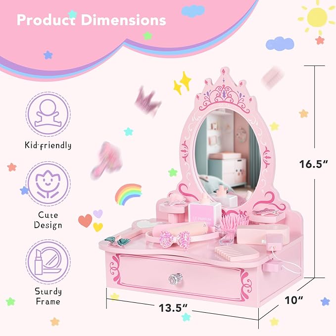 BRINJOY Wooden Vanity Set for Kids, Toddler Tabletop Beauty Salon Play Set w/Accessories & Drawer, Princess Makeup Pretend Play Vanity Table Toy with Crown Shaped Mirror for Little Girls Age 3-8