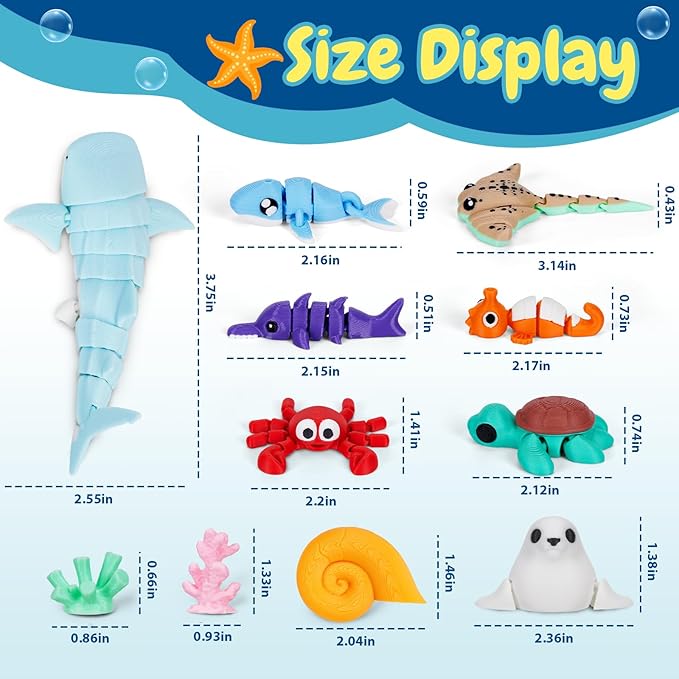 3D Printed Sea Animal Toys - 24Pcs Ocean Animals Figurines Toys for Kids - Flexible Articulated Fidget Toys for Birthday Party Favors Gifts Desk Pets Decoration