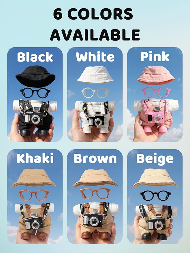 17cm Doll Clothes Set, Hat & Overalls & Shirt & Shoes & Glasses & Camera Set for 17cm Accessories Suit, Stylish Dolls Clothes Accessories, Cute Clothes for Dress up Unique Style (Beige)