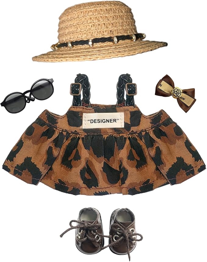 Clothes for 6.7in/17cm Dolls (Without Dolls), Sets and Accessories,5PCS (Straw hat + Bow + Sunglasses + Dress + Shoes), Collectors and As Gifts.(Leopard Print Dress)