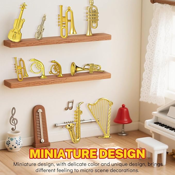 BESPORTBLE 14pcs Mini Musical Instrument Ornaments, Miniature Golden Trumpet Saxophone Harp Model Set for Christmas Tree Decor, Tiny Acrylic Instruments for DIY Crafts Dollhouse