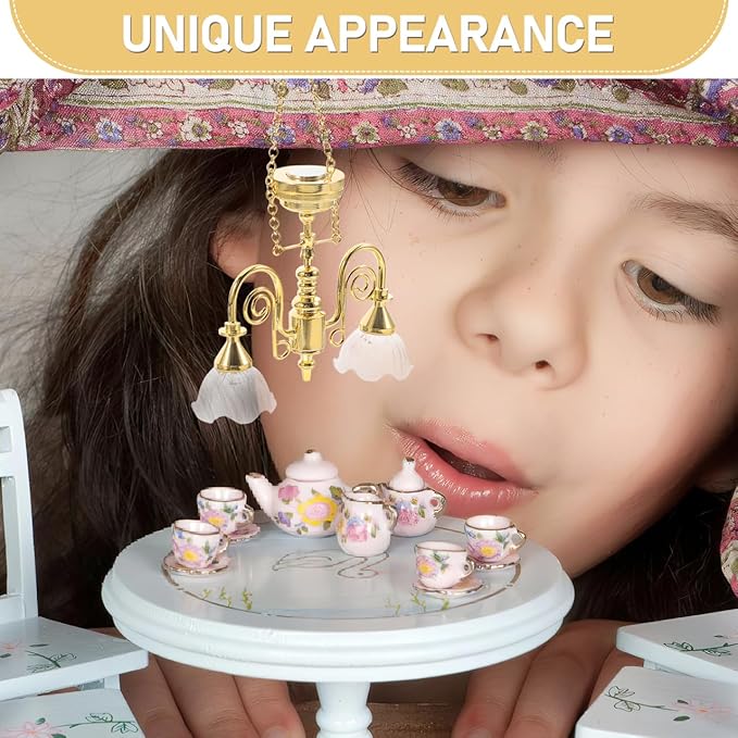 FRCOLOR Dollhouse Miniature Chandelier, Gold Double-Head Floral Ceiling Light Battery Operated for Dollhouse Lighting Decor Accessories, Tiny Ceiling Lamp for Miniature Furniture Scenes 1:12 Scale