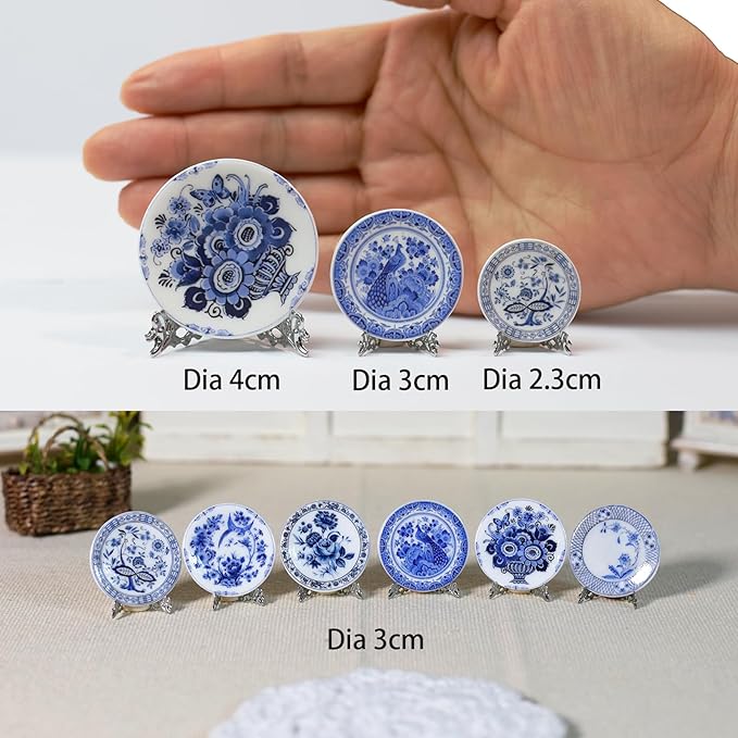 6PCS Handcrafted Miniature Ceramic Plates in 1:12 or 1:6 Scale, Vintage Porcelain Playhouse Dishes (Blue-White A, 3CM)