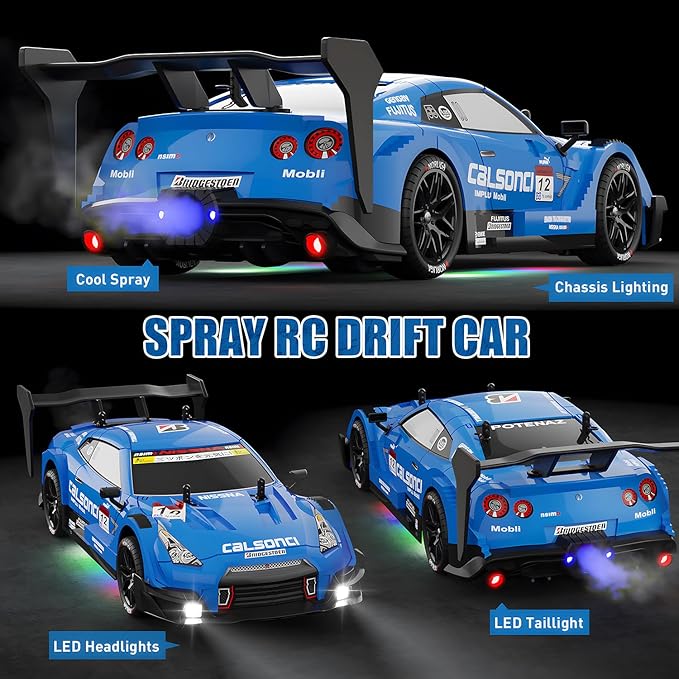 1:16 Spray RC Drift Car for Kids 4WD 2.4GHz 40KM/H High Speed Remote Control Car with LED Lights Drifting Tires & 2 Batteries, Racing Sport Toy for Boys Girls (Blue)