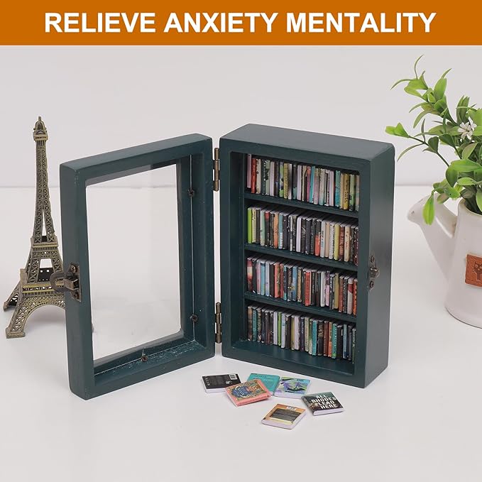 Anxiety Bookshelf Ornament With 100pcs Mini Books | Miniature Bookshelf Decor |Shake Away Your Anxiety Book Library | Mini Book Shelf for Doll House Home Office Decor (Blue)