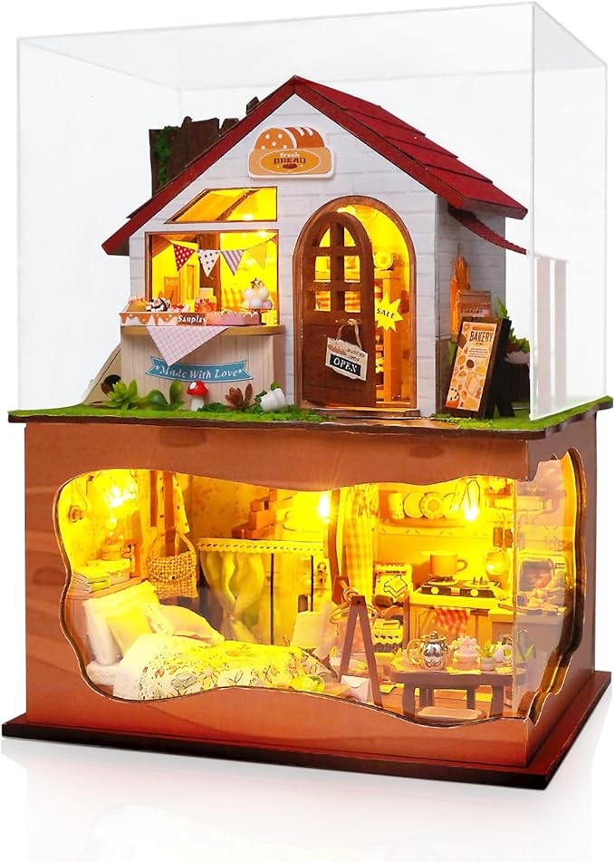 Miniature House Kit, DIY Dollhouse Kits with Lights and Dust Cover, The for Family & Friends, Creative Craft Kit with Two-Story Bakery & Forest Basement