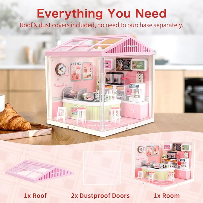 Hallisun LED Building Blocks for Adults, 1:24 DIY Miniature Dollhouse Kits with Roof & Dustproof Cover, Tiny House Toy Building Sets for Kids Ages 8-12-15, Birthday Hobbies Gift for Men Women Boy Girl