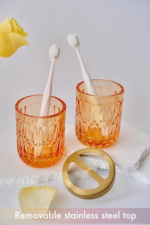 LaMarriti Orange Bathroom Accessories Set, 5Pcs Clear Glass Bathroom Set, Lotion Soap Dispenser, Soap Dish, Tumbler, Toothbrush Holder Set, Qtips Holder for Vintage Bathroom Decor, Gift Set