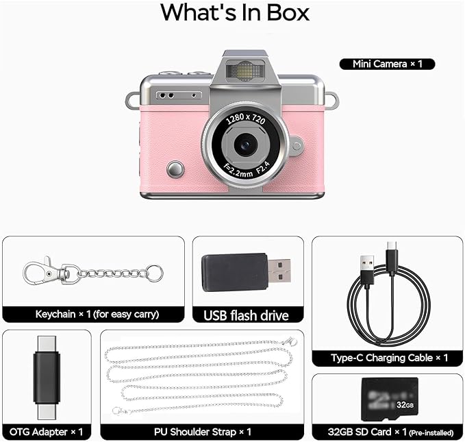 Flip Screen Mini Keychain Camera with Flash, 1080P 2MP Y2K Pocket with 32GB Card, Flip Selfie Camera with LED Flash for Vlogging, Rose Gold Small with Reversible LCD & Light