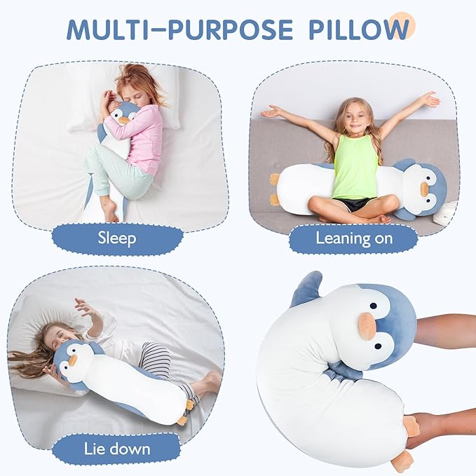 28 inch Penguin Stuffed Animal, Jumbo Long Soft Cuddle Pillow, Cute Blue Penguin Body Plushies Toy Gift for Kids, Boy and Girls Birthday, Halloween, Christmas