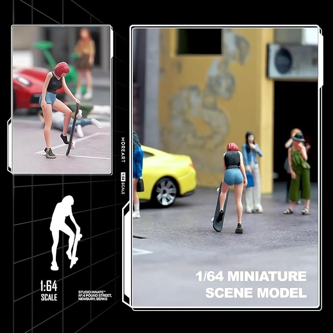 1:64 Scale Hand-Painted Resin Red-haired Skateboard Girl - HO Compatible Diorama Model for Train Scenes, Architectural Displays, Collectors & Hobbyists