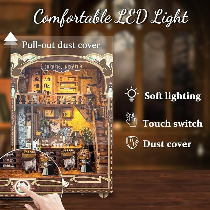 DIY Dollhouse Kit for Adults 2D Stereo Assembly Night Light Sensing Wooden Bookend Jigsaw Building Model (Caramel Dreams)