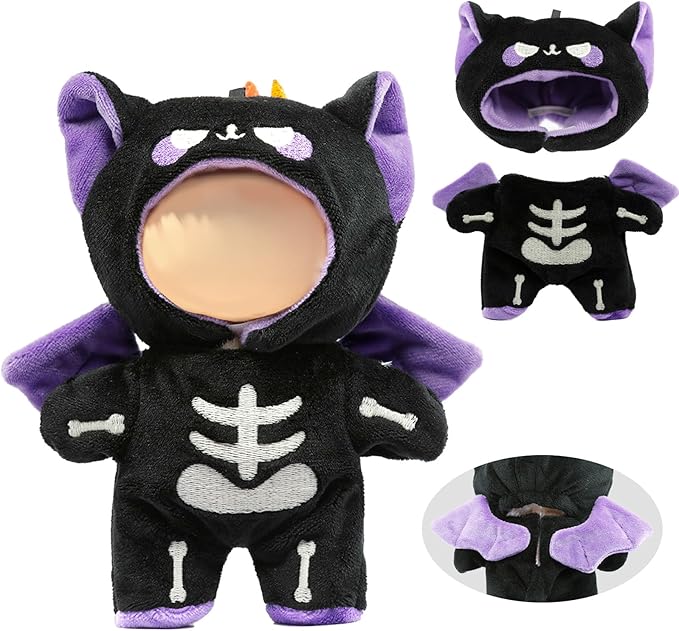 Clothes for LABUBU Doll (NO Doll), 2-Piece Plush Devil Skeleton Accessories for LABUBU 17cm Dolls, Premium Fashion Outfit for LABUBU Unique Dress Up - Demon Hood + Skeleton Jumpsuit