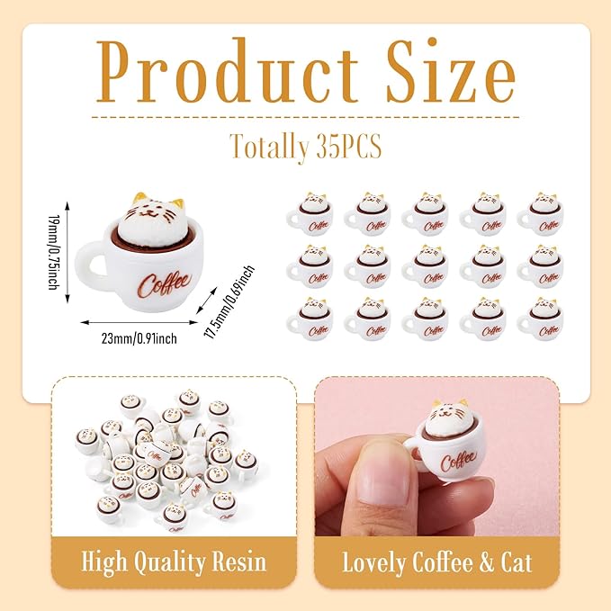 Cheriswelry 35Pcs Mini Resin Coffee Cups Food Drinks Miniature Dollhouse Accessories Cute Cat Coffee Mug Ornament 17.5x23mm for Kitchen Play Tableware Party Decoration