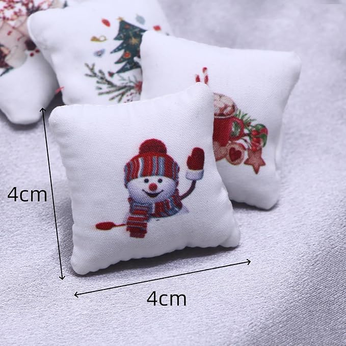 4PCS Miniature Dollhouse Christmas Pillow with Christmas Tree Snowman Cookies Candles Pattern 1/12 Miniature Sofa Throw Pillow for Dollhouse Sofa Bed Decorations