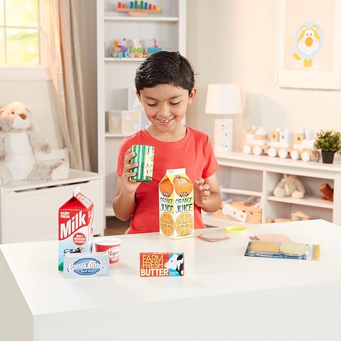 Melissa & Doug Fridge Fillers Grocery Play Food Cartons (8 Pieces) Wooden Toy Groceries, Pretend Play Food, Kitchen Accessories for Kids Ages 3+ - FSC Certified