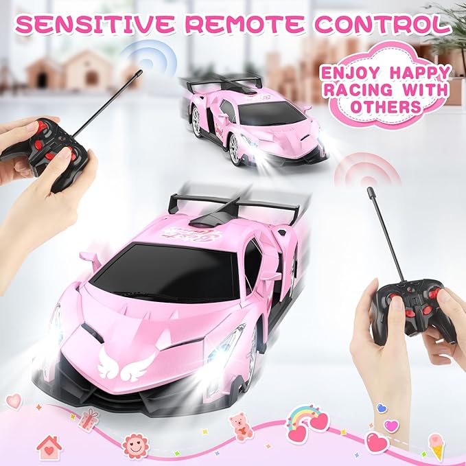 Growsland Remote Control Car for Girls, 1:18 Pink RC Cars Toys for Kids Girl Electric Vehicle Toy Car Hobby Racing Car with Lights & Controller, Birthday Gifts for Girl Boys Age 3 4 5 6 7 8 9 Year Old