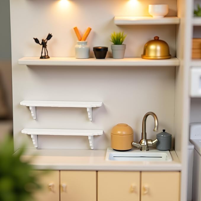 2 Pcs White Dollhouse Wall Shelf,1:12 Scale Miniature Dollhouse Accessories,Doll House Storage Wall Shelf for Kitchen Scene Décor Accessories,DIY Wooden Dollhouse Furniture Set