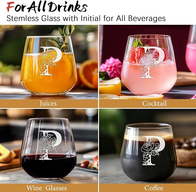 Personalized Gifts for Women, Monogrammed A-Z Wine Glass Customized Gift, Unique Wedding Birthday Gifts for Women Her Mom Friend Sister Wife Daughter Nurse - Dishwasher Safe (P)