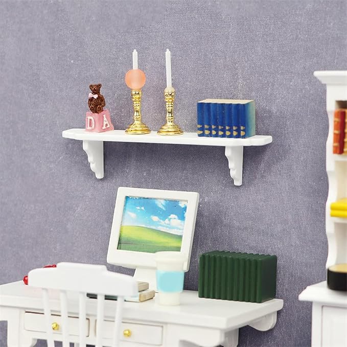2Pcs White 1:12 Scale Miniature Dollhouse Wall Shelf, Modern Storage Wall Shelf for Kitchen Scene, Dollhouse Decor Accessories