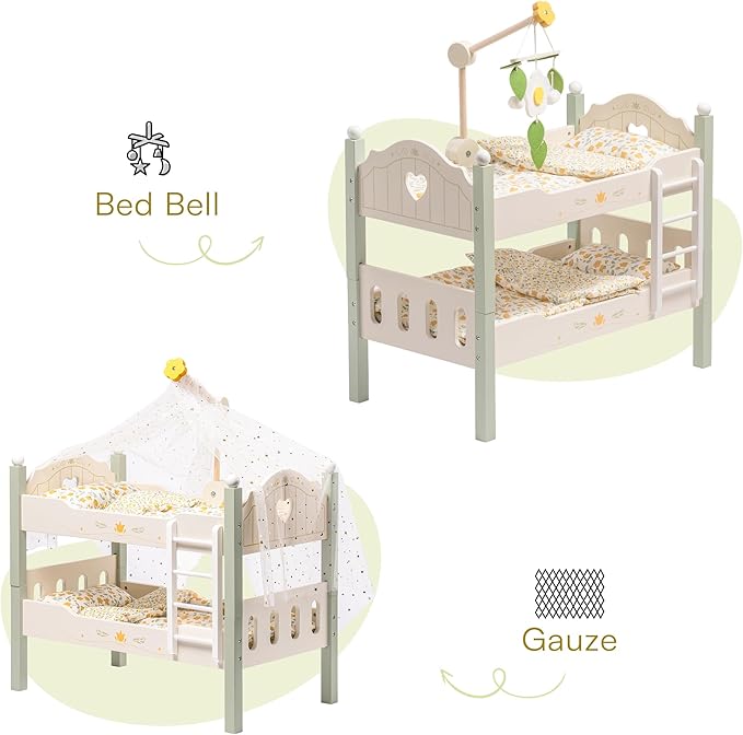 ROBOTIME Baby Doll Bunk Bed, Wooden Doll Crib for 18 Inch Dolls, American Girl Doll Furniture Toy with Bedding (Green, 2 Pcs Beds)