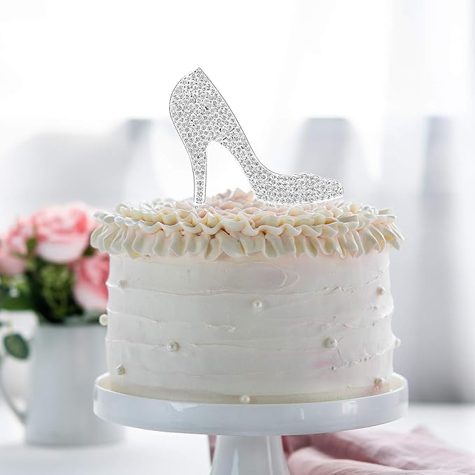 LINGTEER High Heel Silver Rhinestone Crystal Cake Topper Perfect for Birthday Wedding Anniversary Party Keepsake Sparkle Decoration