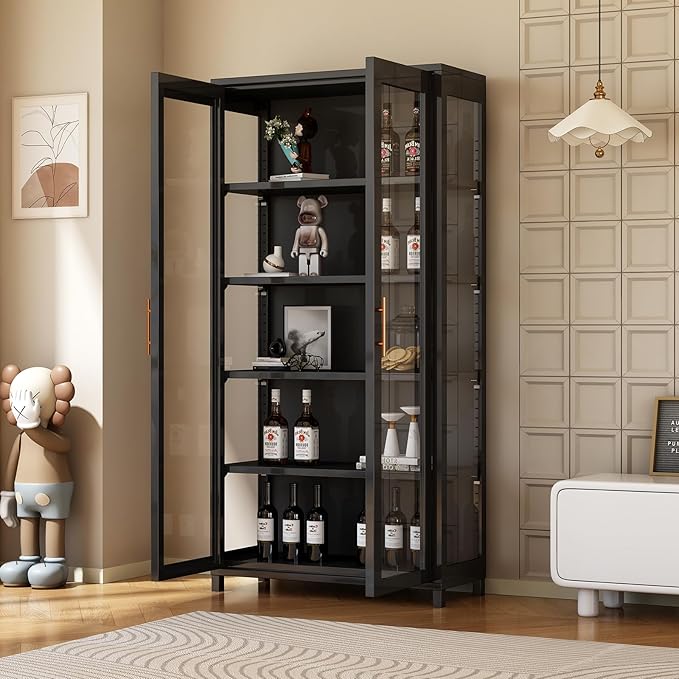 Display Cabinet with Glass Doors, 5-Tier Curio Cabinet with 4 Adjustable Shelves for Collectibles Toy Organizers Rack & Display Shelf, Kids Bookcase for Bedroom, Living Room, Reading Nook (Black)