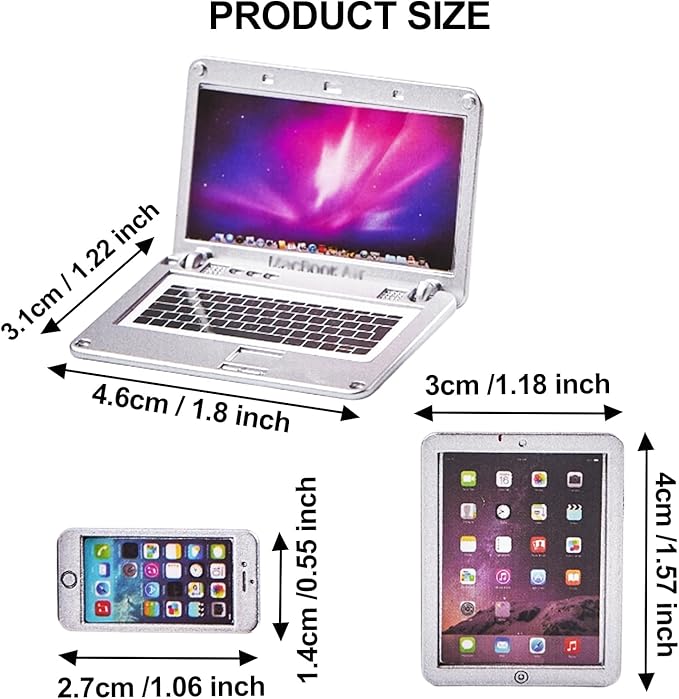 1:12 Scale Dollhouse Laptop Accessories, Miniature Laptop Tablet Smart Phone Stuff Doll House Mini Play Set Accessories (Silver)
